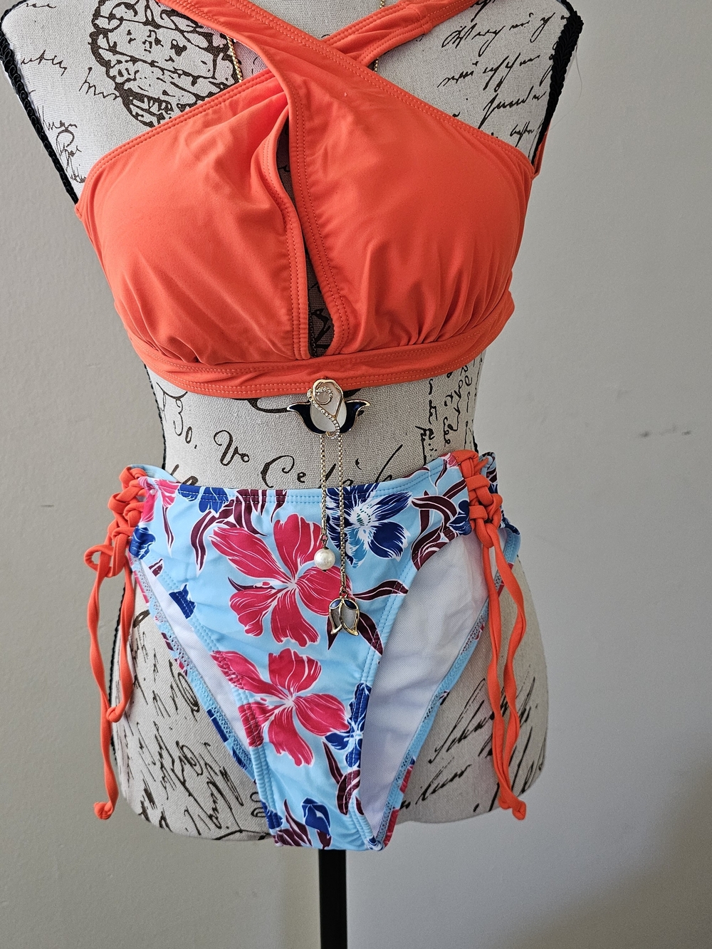 High-Waist Floral Tie-Side Swim Shorts - Coral & Light Blue